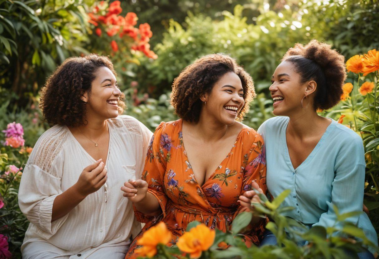 A diverse group of women of various sizes and ethnicities joyfully sharing their experiences in a vibrant outdoor setting, surrounded by lush greenery and colorful flowers. They are laughing and engaging in an intimate conversation, showcasing confidence and acceptance of their bodies. Soft sunlight casts a warm glow on their faces, embodying a sense of community and empowerment. super-realistic. vibrant colors. warm tones.