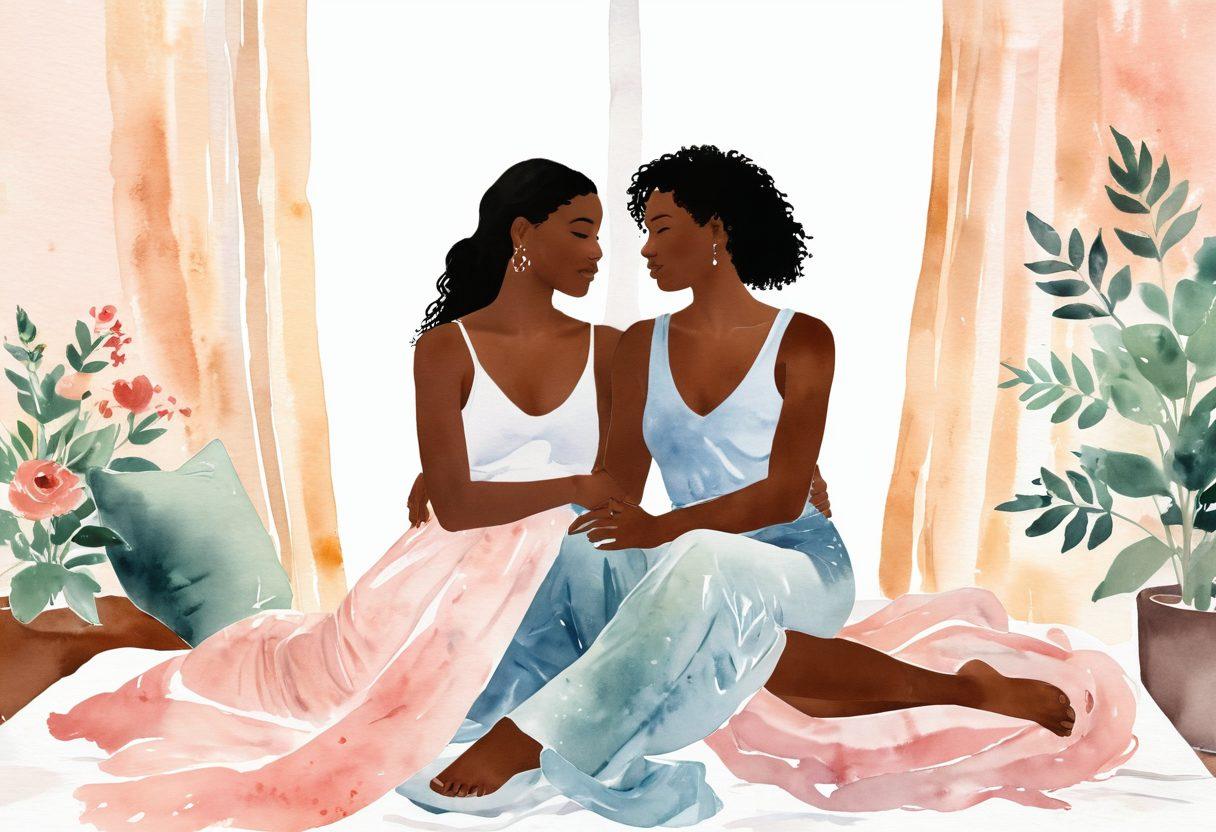 A serene scene depicting two diverse individuals engaged in an open and honest conversation about body confidence and sexuality, surrounded by soft, flowing fabrics that symbolize intimacy. The setting is a cozy, inviting room bathed in warm, natural light, reflecting vulnerability and acceptance. Include subtle symbols of body positivity, like mirrors and flowers, to enhance the theme. Illustrate a sense of connection and understanding in their expressions. soft colors, watercolor painting style.