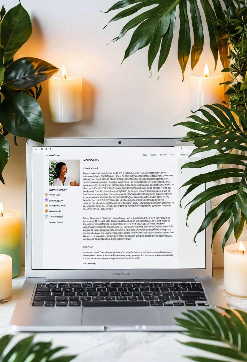 A serene online journal interface open on a bright laptop, surrounded by lush plants and soothing candles. Include a diverse group of happy individuals of varying body types, joyfully contributing their stories while embracing their bodies. Soft pastel colors dominate the scene, conveying warmth and acceptance, with inspiring quotes floating around. The background should be airy and inviting, suggesting a safe space for sharing and celebrating health. super-realistic. vibrant colors. white background.